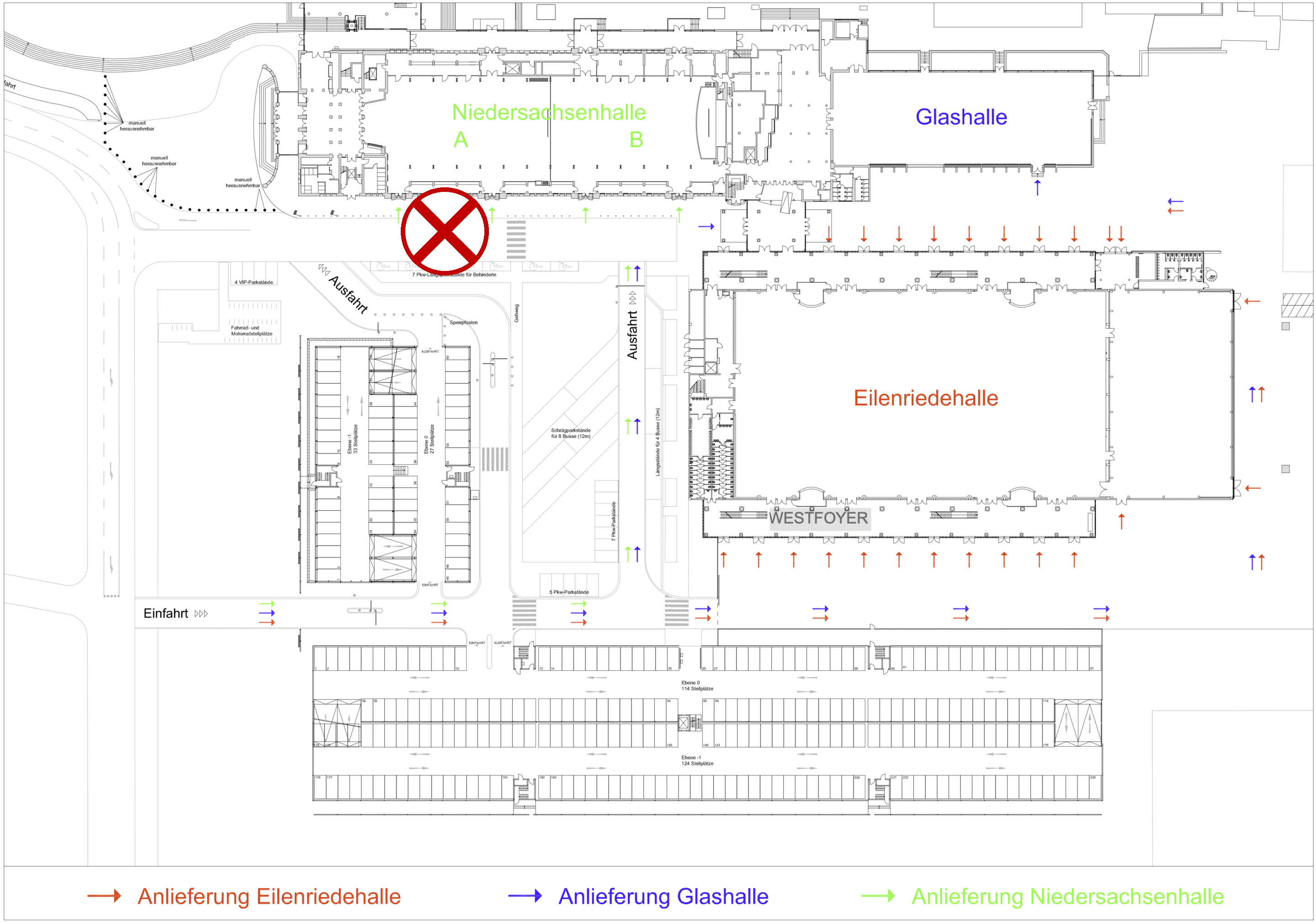 Anlieferung Niedersachsenhalle A 2026 Lageplan HCC: Anlieferung Sachspenden vor der Niedersachsenhalle A (rotes X)